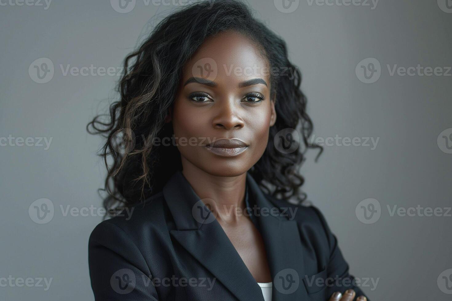 Confident Black woman in a tailored blazer, exuding professionalism and poise with arms crossed against a neutral backdrop. photo