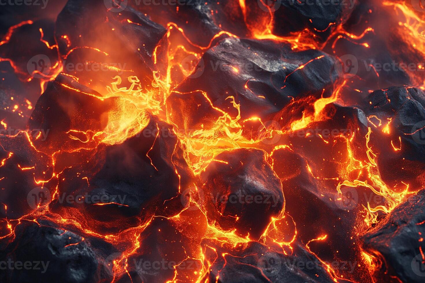 Close-up of molten lava flowing over dark, jagged rocks, creating a vibrant display of orange and red hues. photo