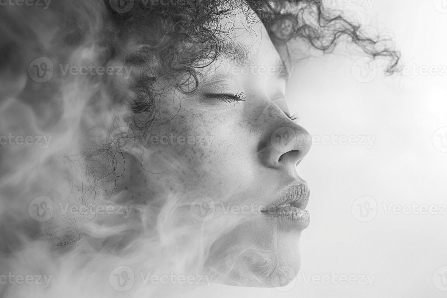 A serene profile of a young mixed-ethnicity woman with curly hair and freckles, enveloped in soft, ethereal smoke. photo