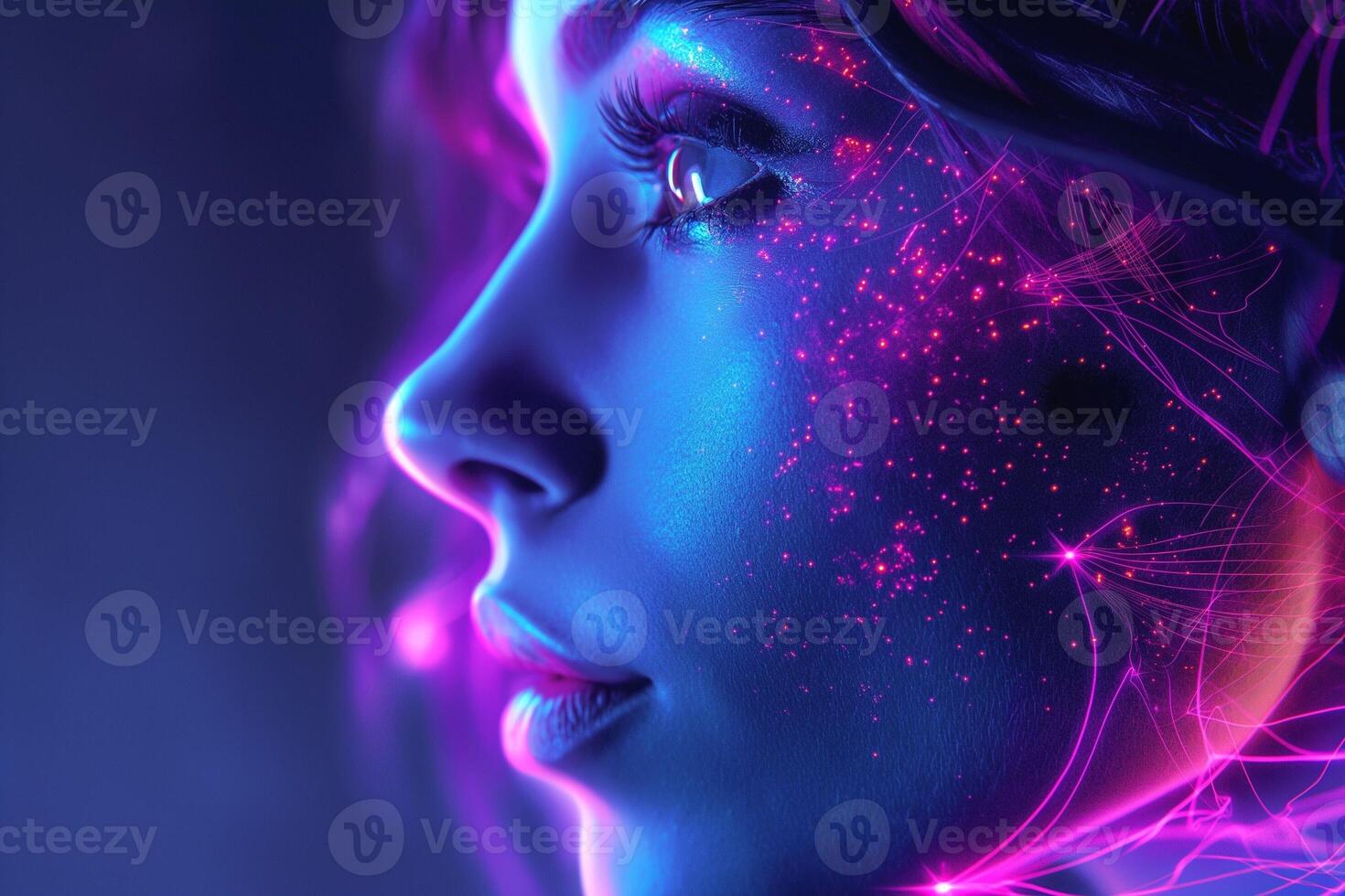 Profile of a young woman with glowing, artistic patterns on her face, creating a mesmerizing visual effect. photo