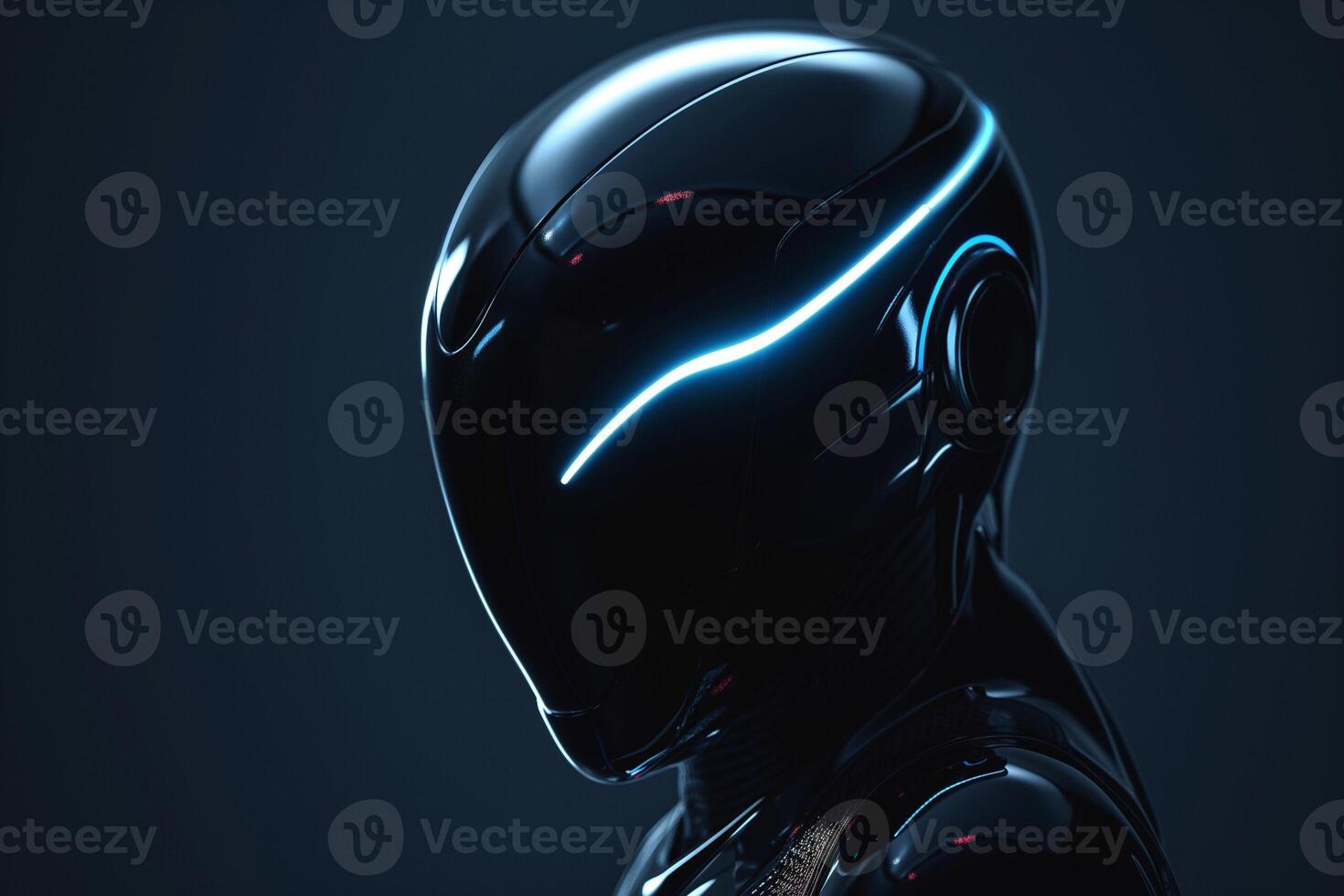 Futuristic robot head design with sleek black finish and glowing blue accents, emphasizing advanced technology and innovation. photo