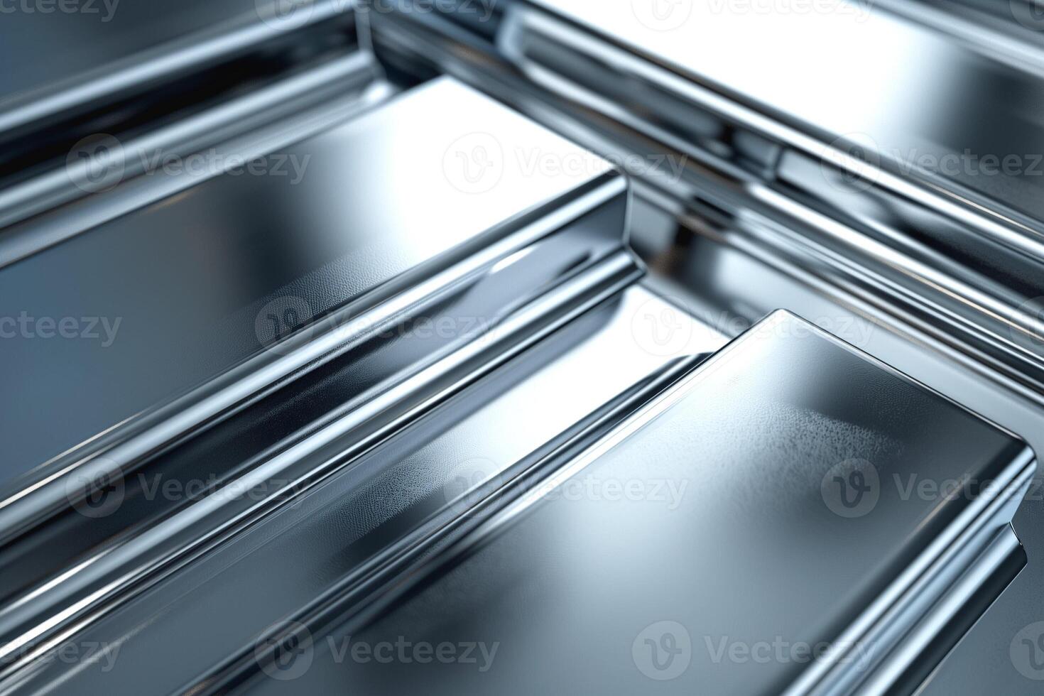 Close-up of polished silver metal bars reflecting light, showcasing their smooth, shiny surface. photo