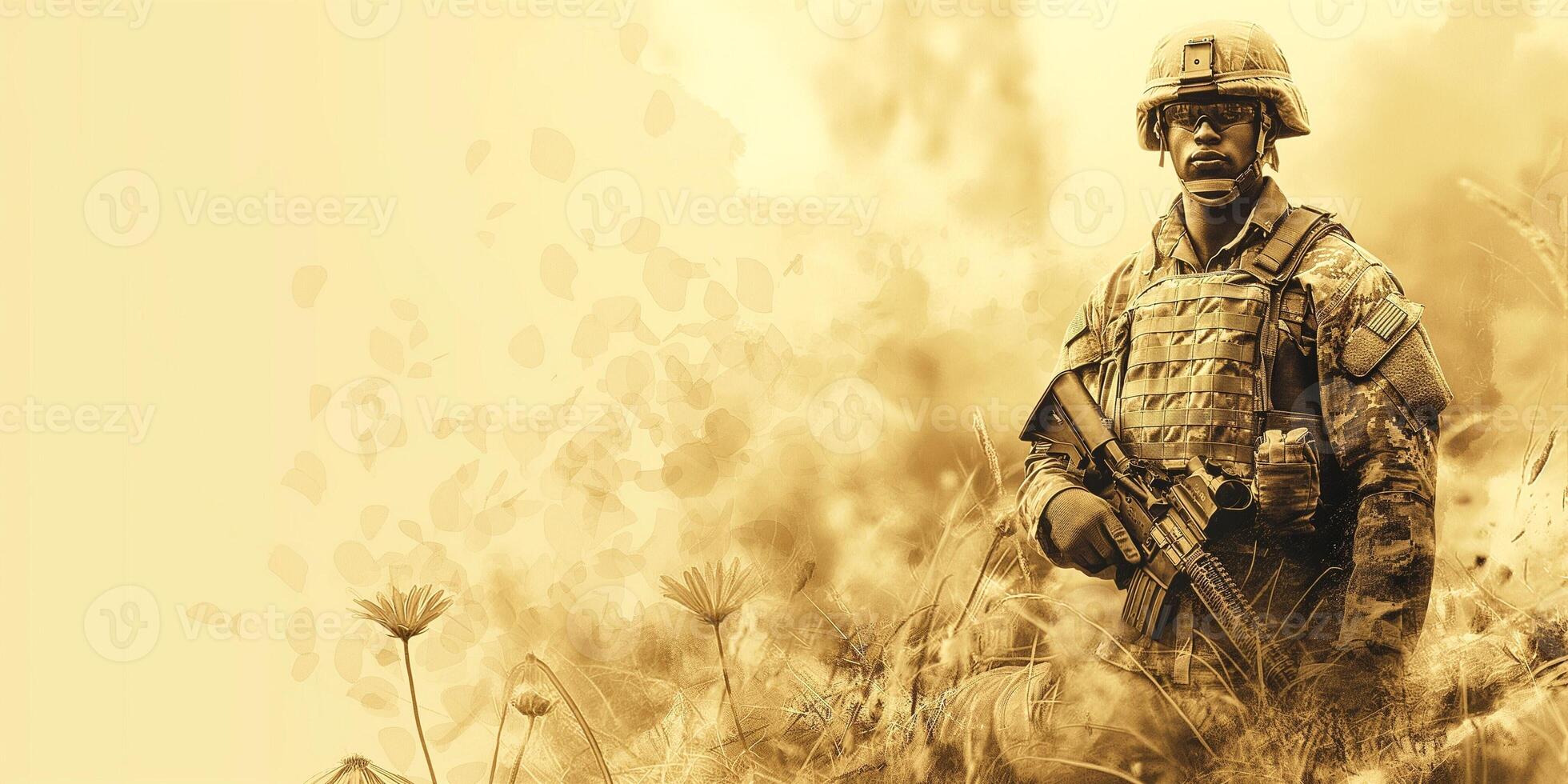 A focused Black male soldier in uniform stands amid a field, embodying strength and determination with a vigilant gaze. photo