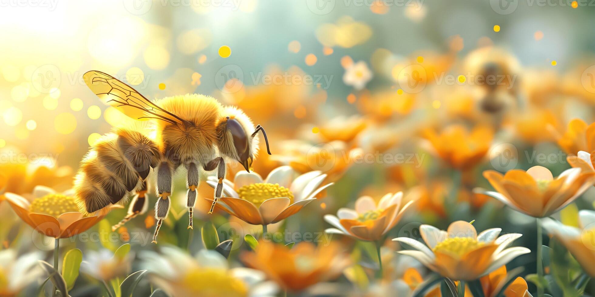 A vibrant, close-up view of a bee pollinating bright orange and white flowers, capturing the beauty of nature in golden sunlight. photo