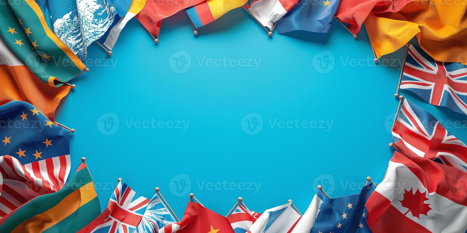 A vibrant display of various country flags arranged around a blue background, symbolizing unity and diversity. photo