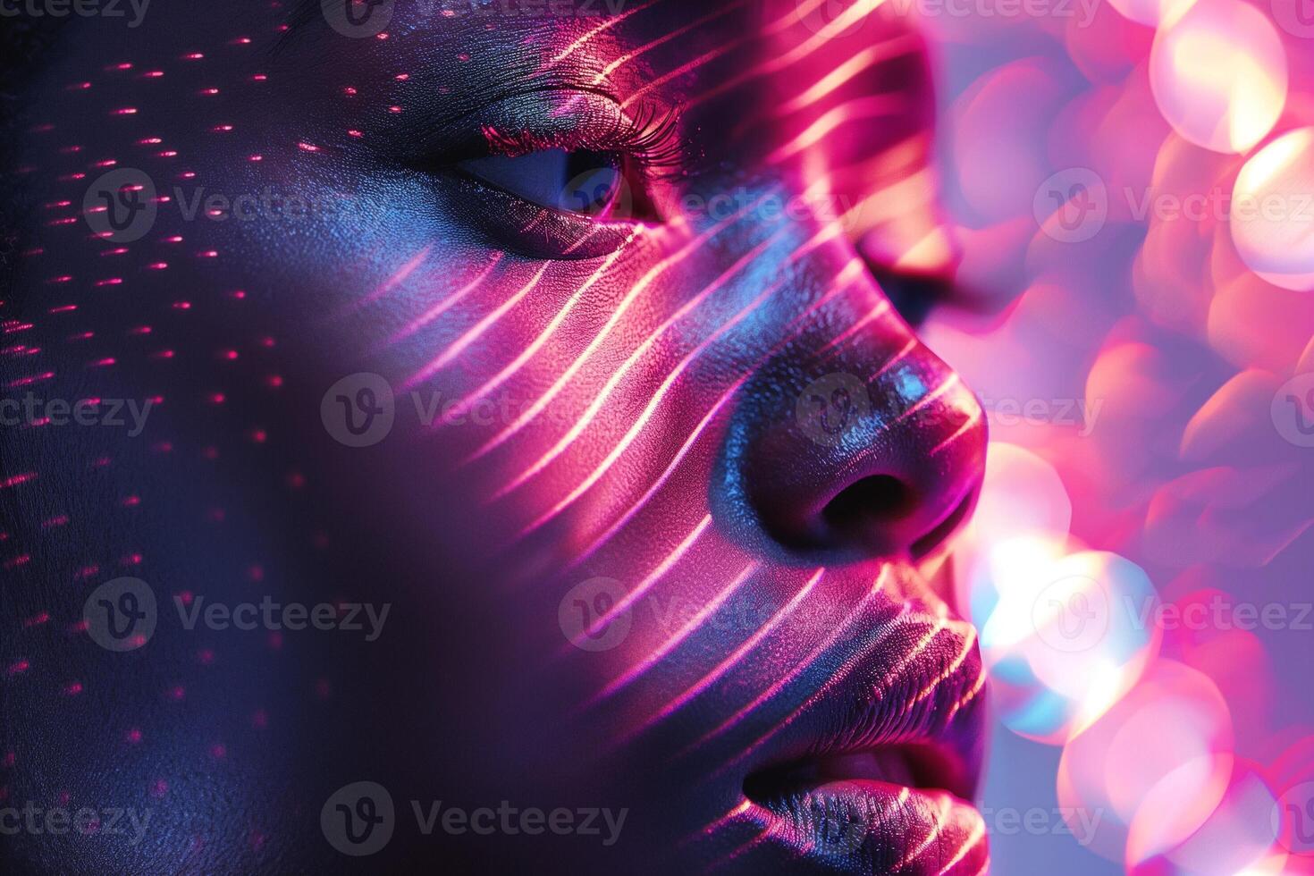 Close-up portrait of a Black female model with vibrant light patterns on her face, showcasing a striking artistic effect. photo
