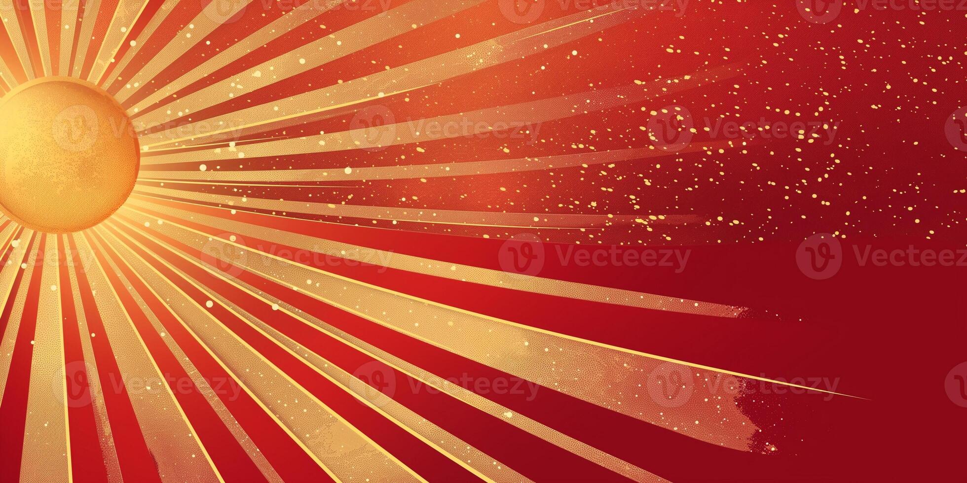 Vibrant golden sun rays radiate against a red backdrop, creating a dynamic and energetic atmosphere. photo