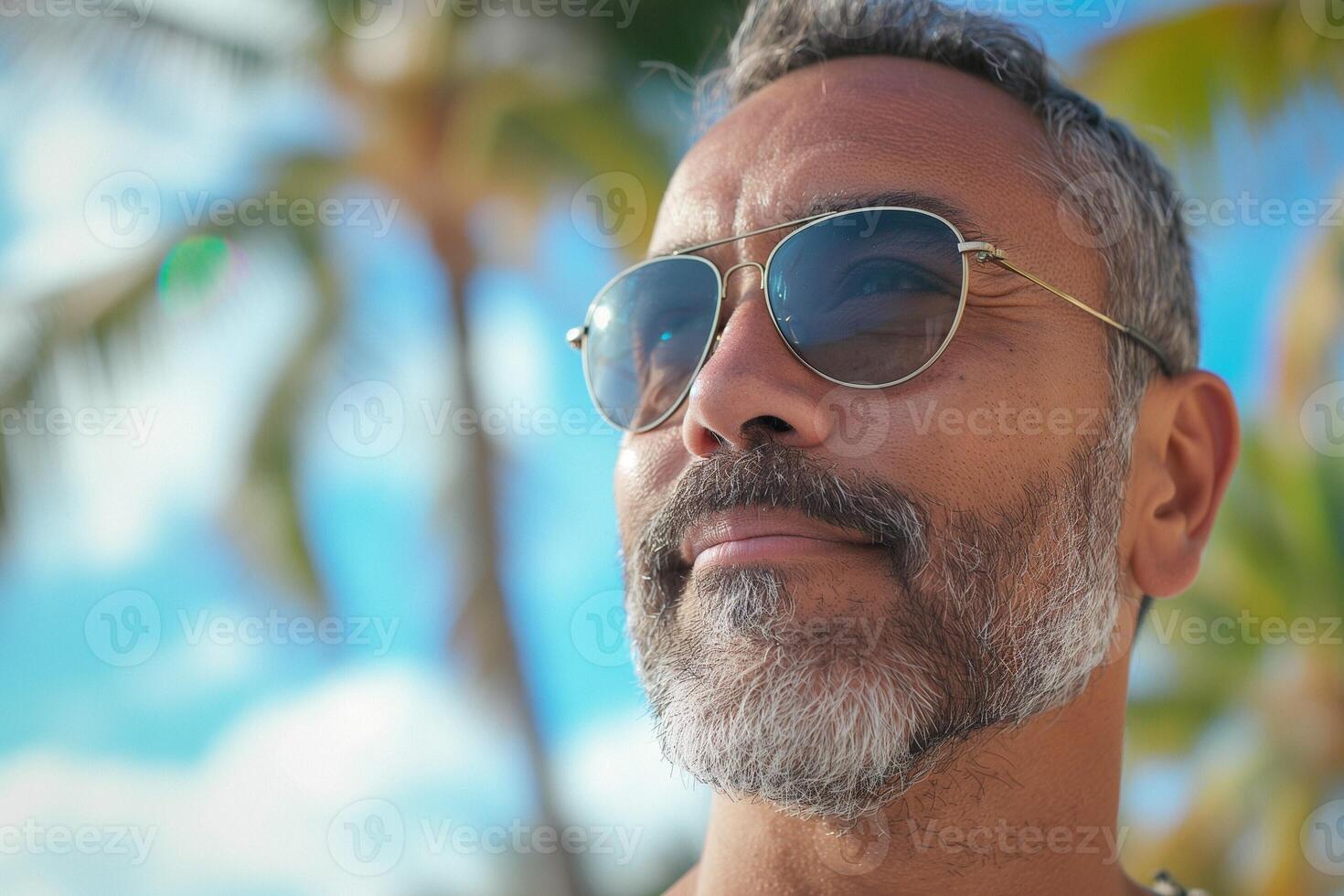 A middle-aged South Asian man with silver hair and sunglasses enjoys a sunny day at the beach. photo