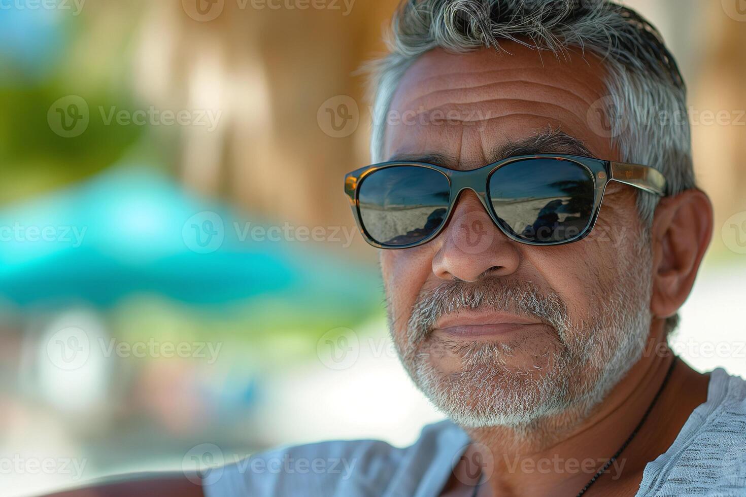 A middle-aged Hispanic man with greying hair wearing sunglasses and a relaxed expression, enjoying a sunny day outdoors. photo