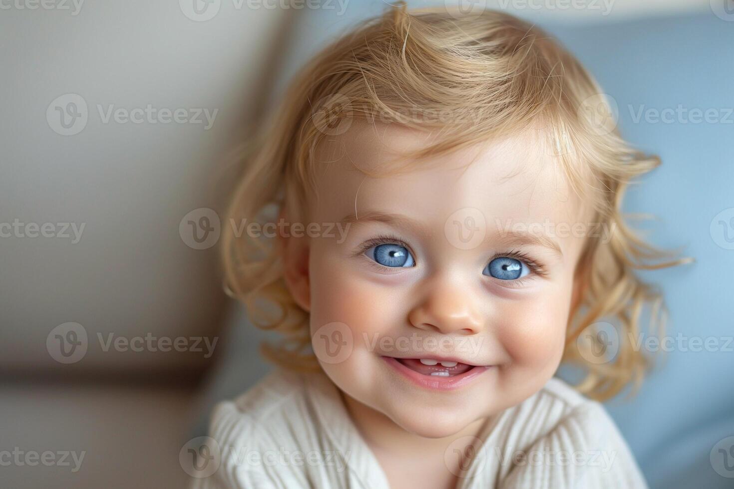 Smiling baby girl with curly blonde hair and bright blue eyes, radiating joy and innocence in a cozy indoor setting. photo