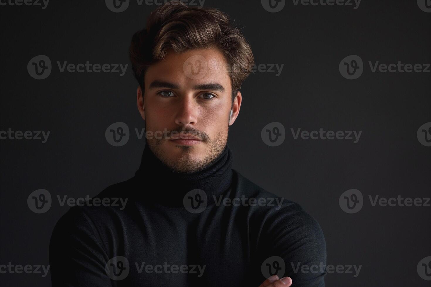 A young Caucasian man with stylish hair poses confidently in a black turtleneck against a dark background. photo