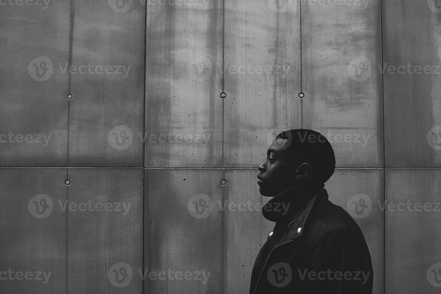 Thoughtful Black male in profile, standing against a textured concrete wall in a dramatic black and white shot. photo