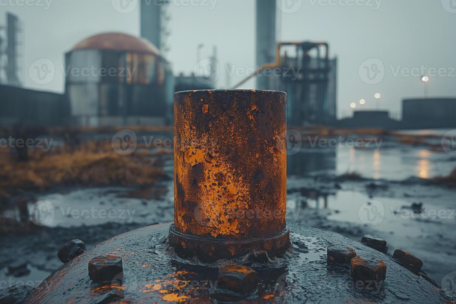 A rusted industrial pipe glows with an orange hue against a foggy backdrop of an oil refinery, creating a moody atmosphere. photo
