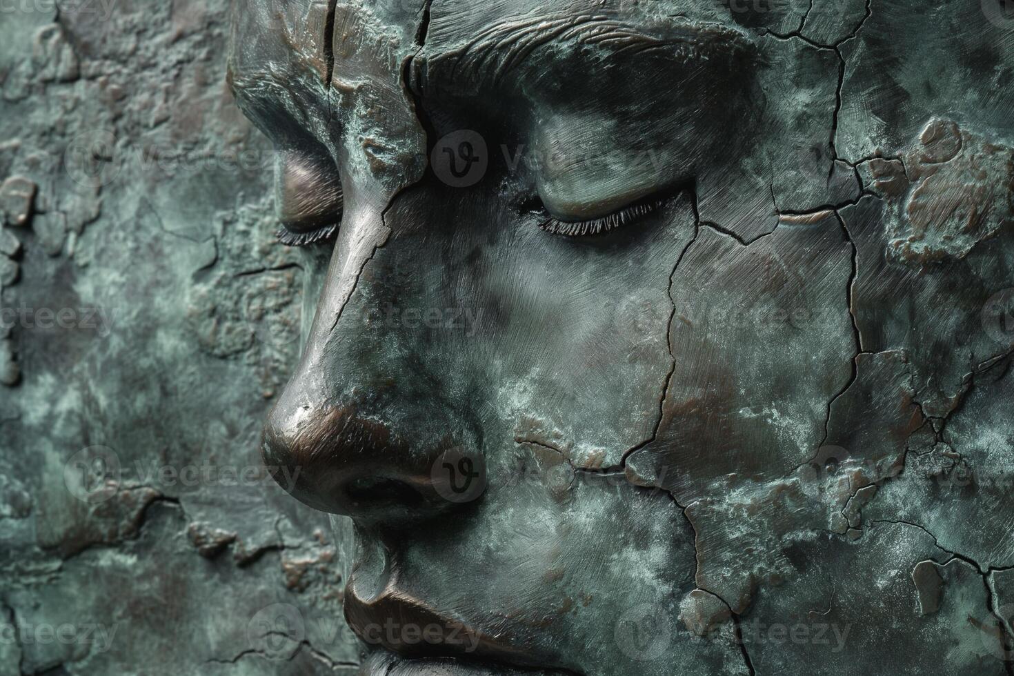 Close-up of a serene bronze sculpture depicting a contemplative male face with intricate textures and cracks. photo