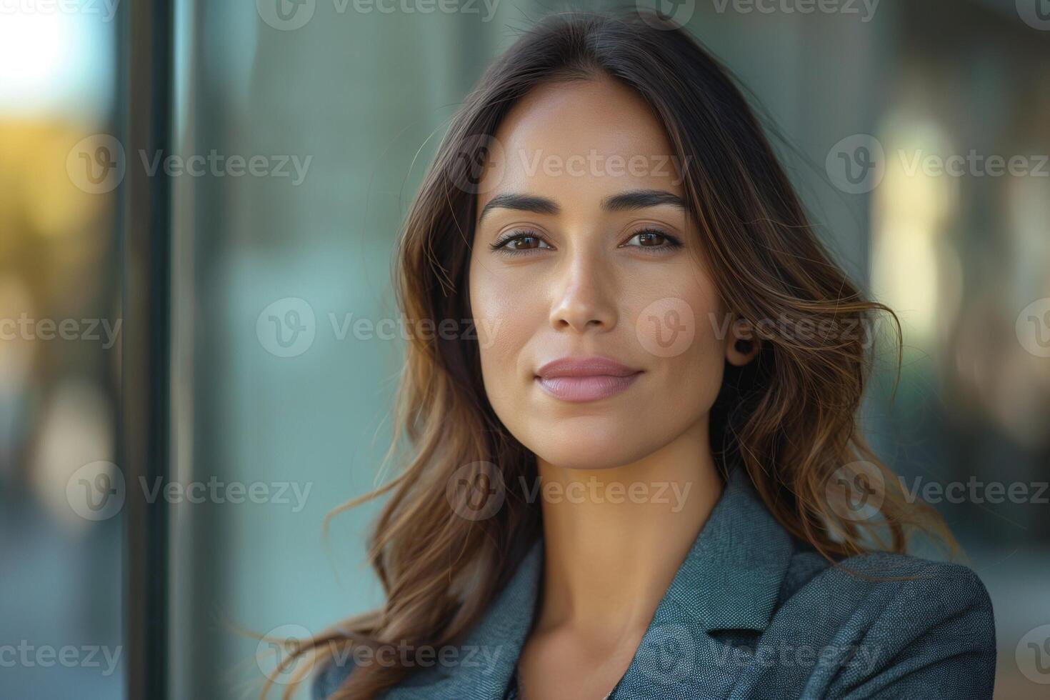 Confident young woman with long brown hair, wearing a gray blazer, poses elegantly outdoors with a soft smile. photo