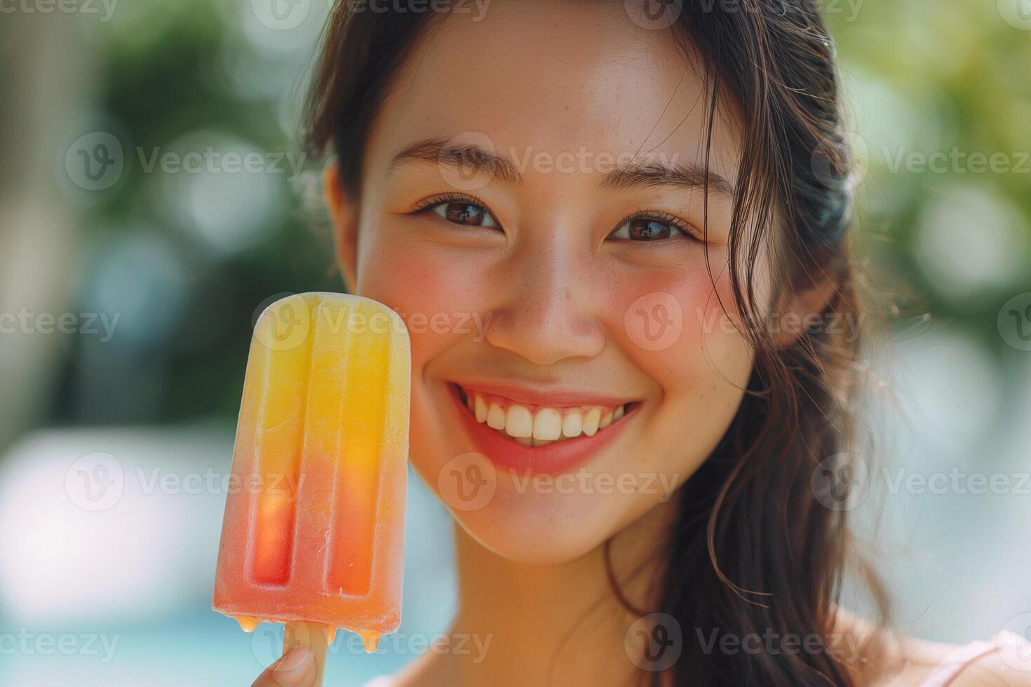 A cheerful young woman with medium skin tone enjoys a colorful popsicle on a sunny day, radiating happiness and summer vibes. photo