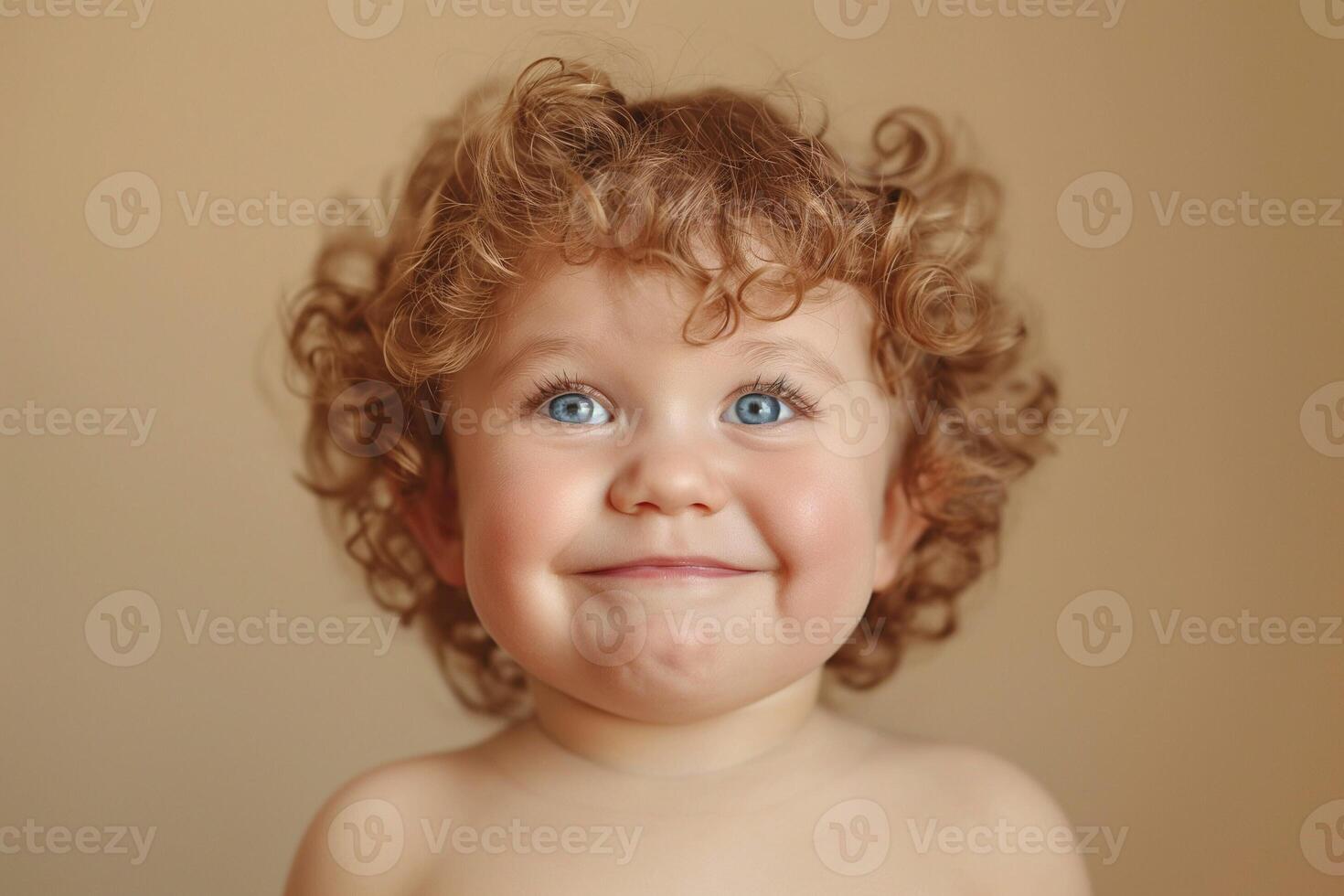 A cheerful Caucasian boy with curly hair smiles brightly against a neutral background. photo