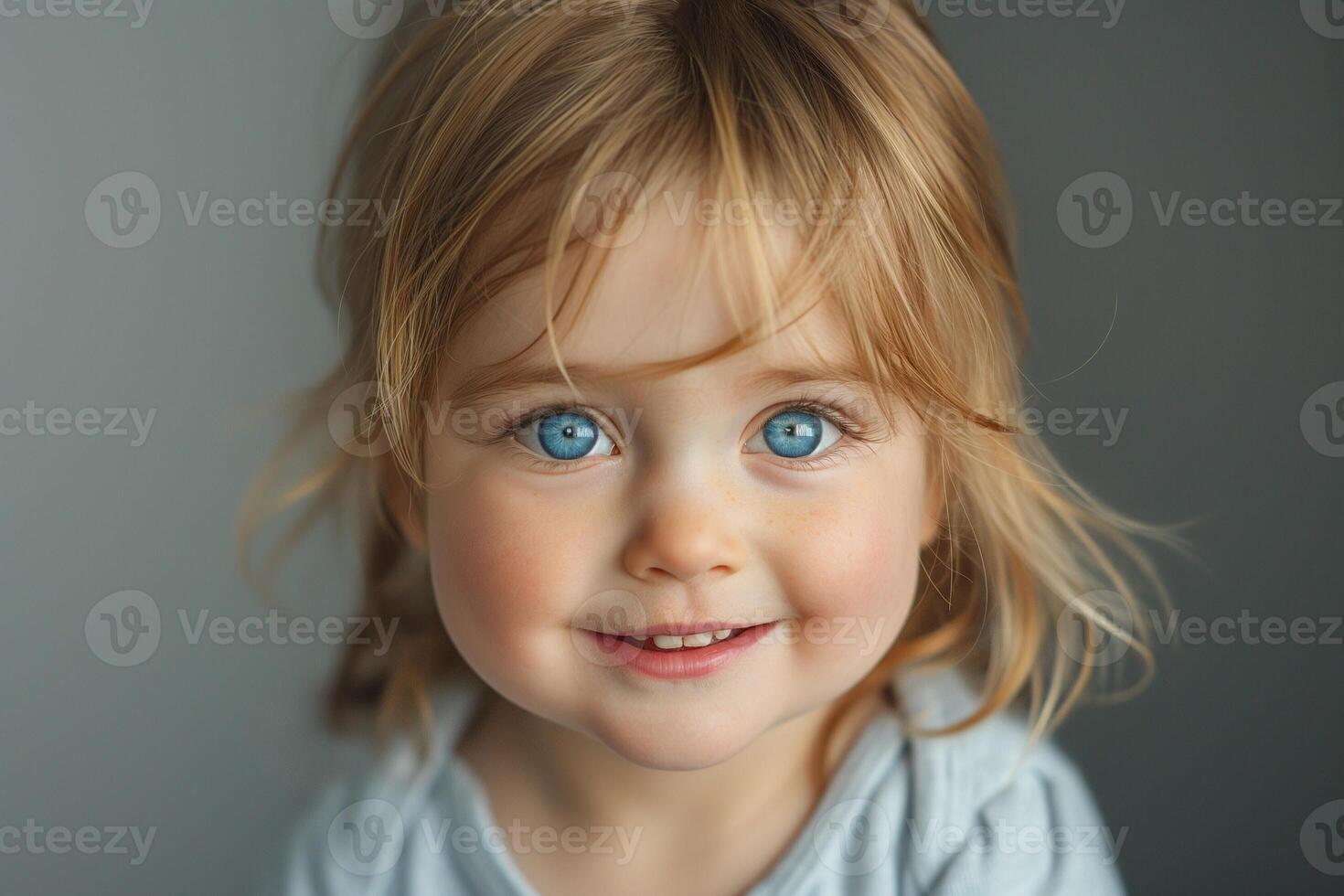 A cheerful Caucasian girl with bright blue eyes and tousled blonde hair, smiling at the camera with a warm expression. photo