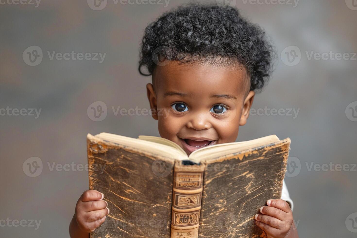A joyful Black toddler with curly hair excitedly holds an old book, embodying a love for reading and discovery. photo