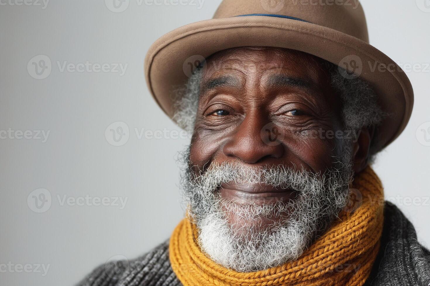 A smiling elderly Black man with a grey beard and a tan hat, wearing a cozy yellow scarf against a soft background. photo