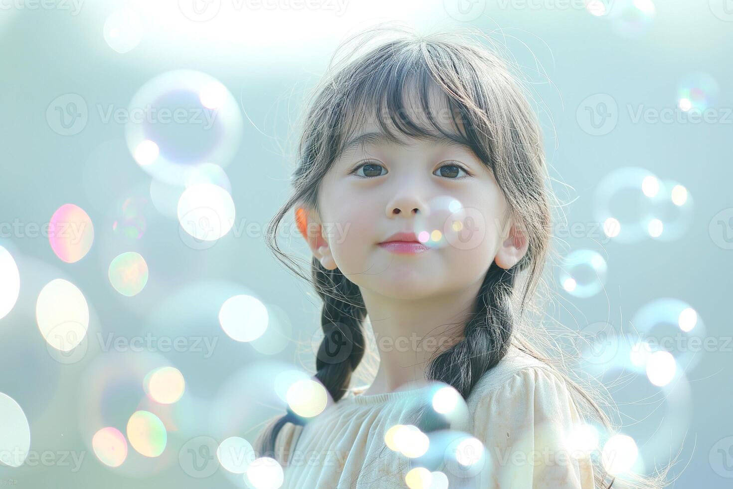 A young Asian girl with braided hair smiles amidst floating bubbles in a soft, dreamy atmosphere. photo