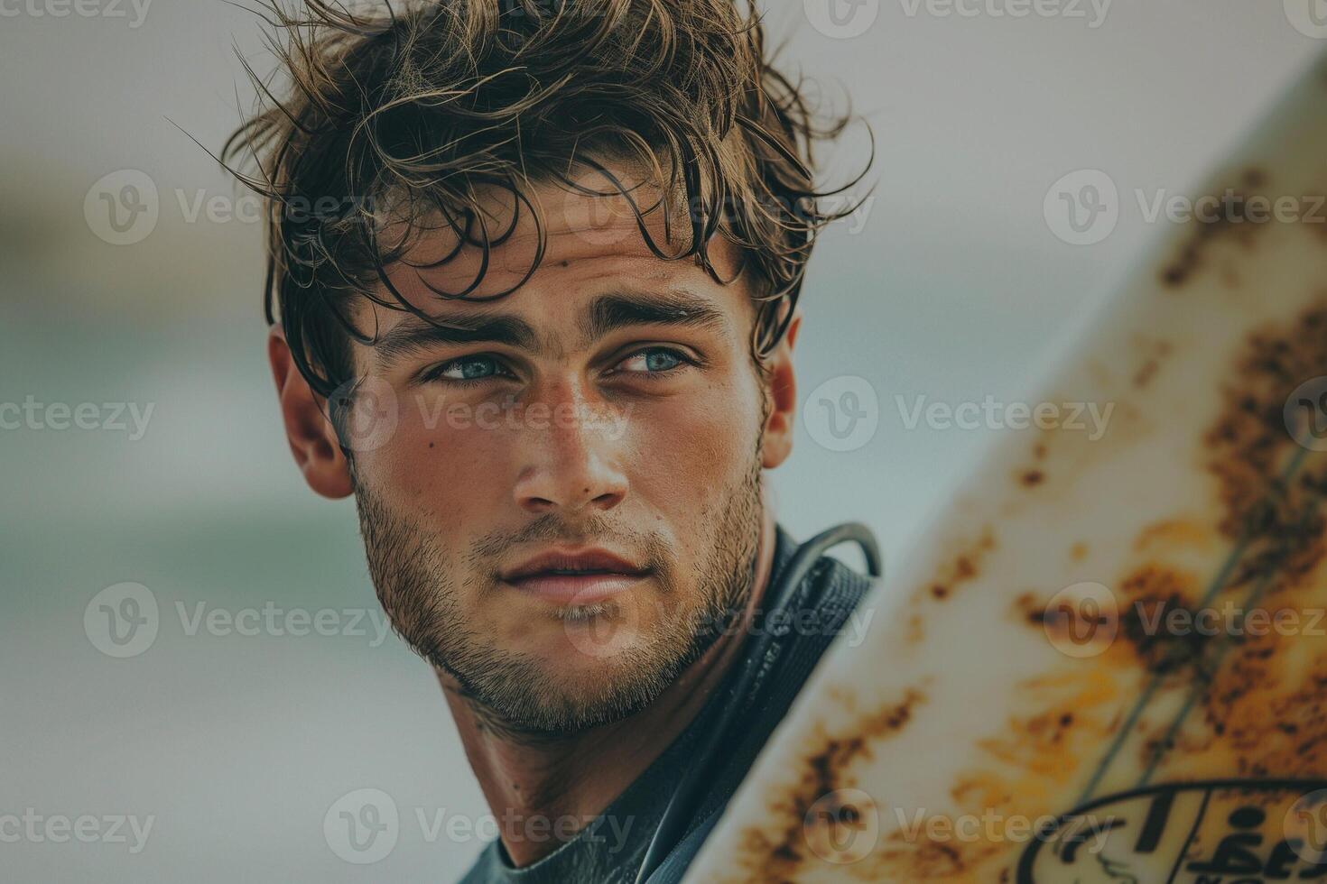 A young Caucasian male surfer gazes thoughtfully into the distance, holding his surfboard. photo