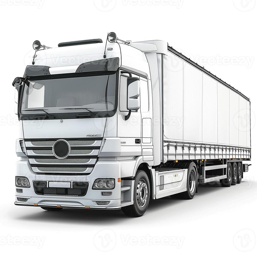 A sleek, modern white semi-truck with a trailer, designed for efficient transportation. photo