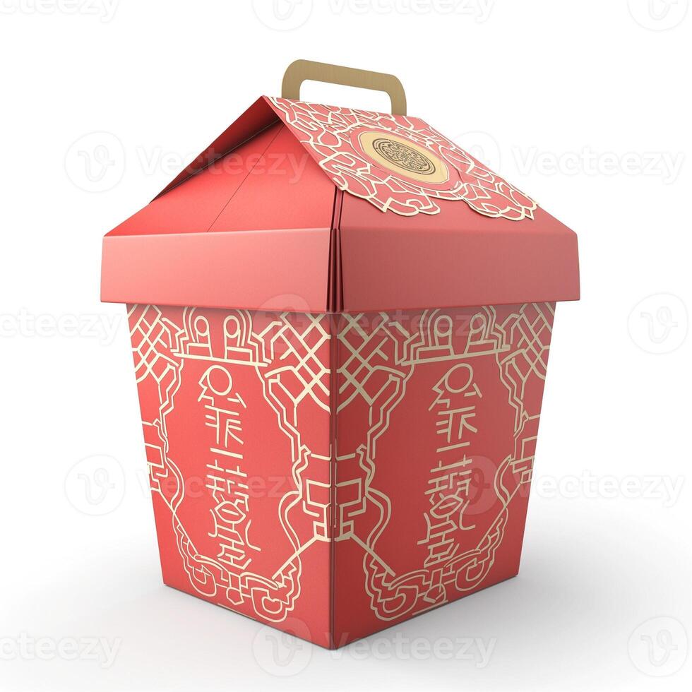 A vibrant red takeout box with intricate gold designs, symbolizing Asian cuisine and culture, set against a clean white background. photo