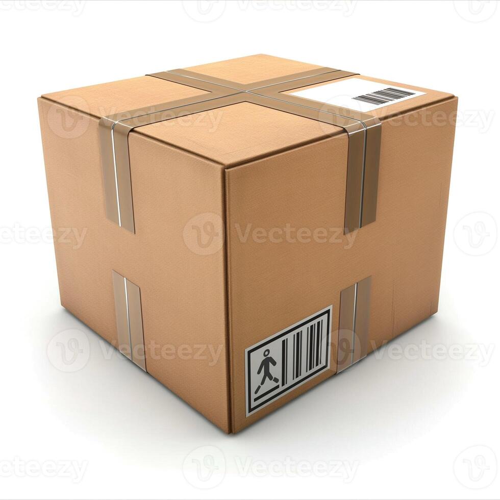 A brown cardboard box sealed with tape, featuring a barcode label and a fragile symbol, ready for shipping. photo