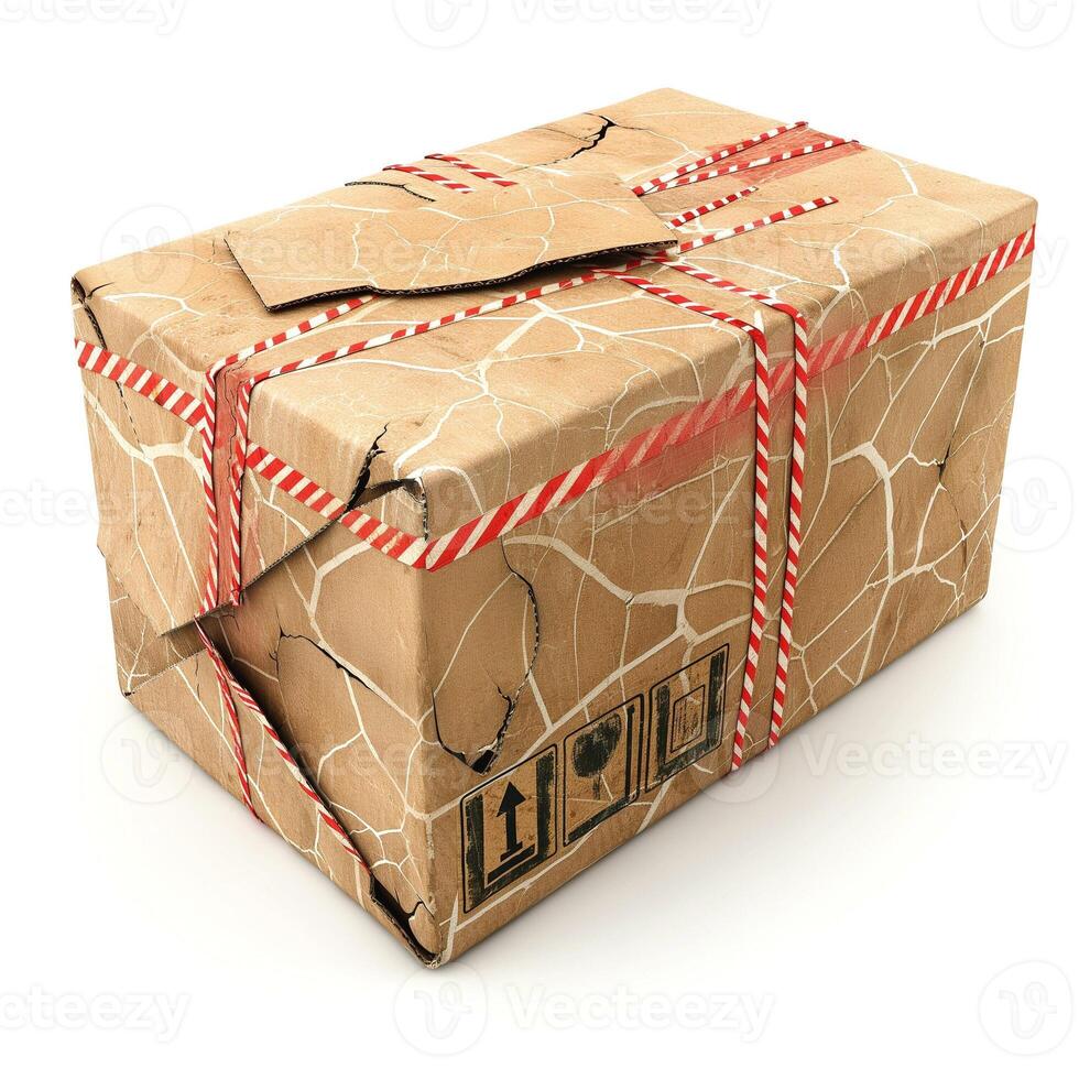 A worn and damaged cardboard box, tied with red and white string, evoking curiosity about its contents. photo