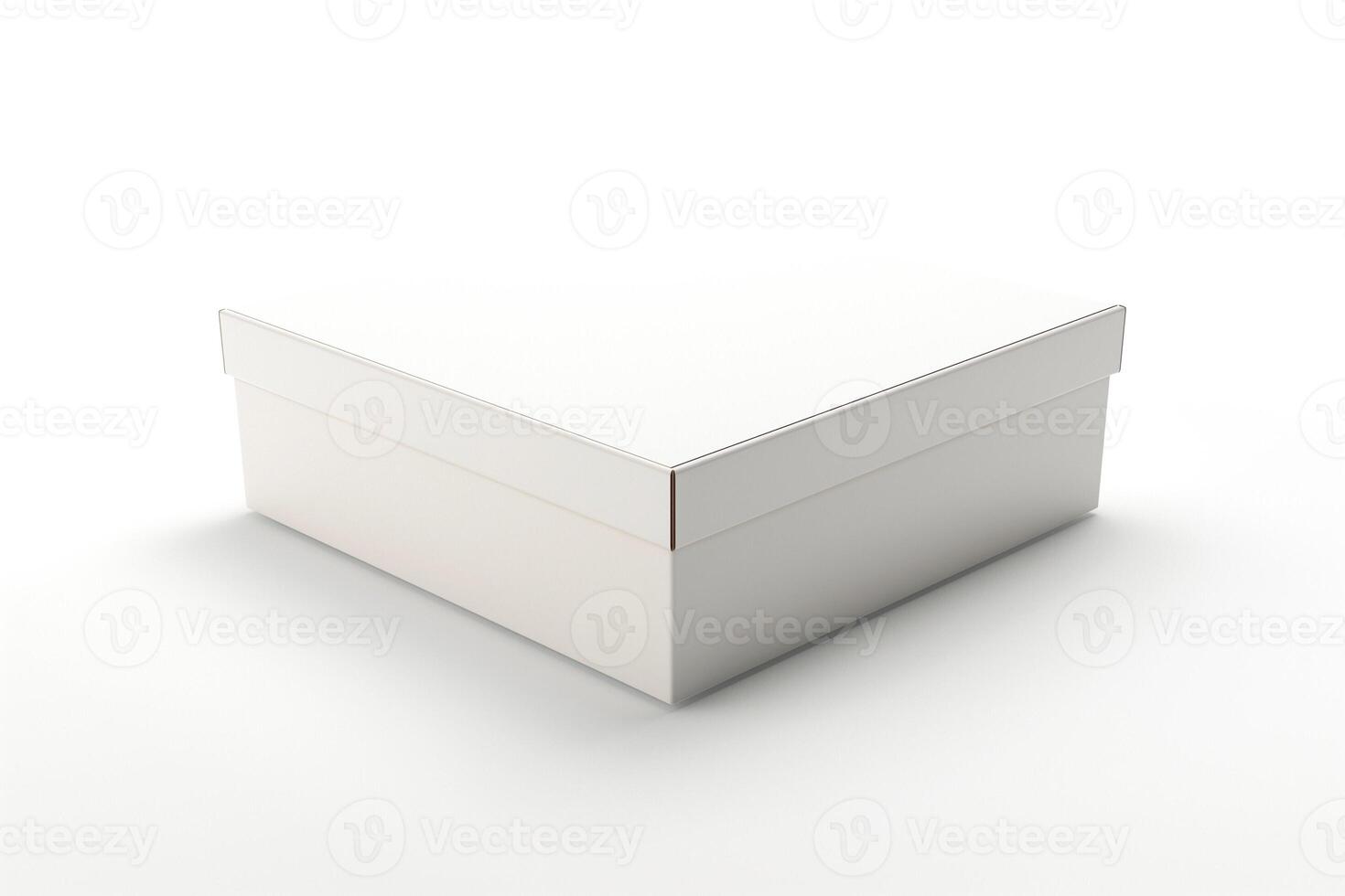 A minimalist white gift box with a sleek design, resting on a soft white surface. photo