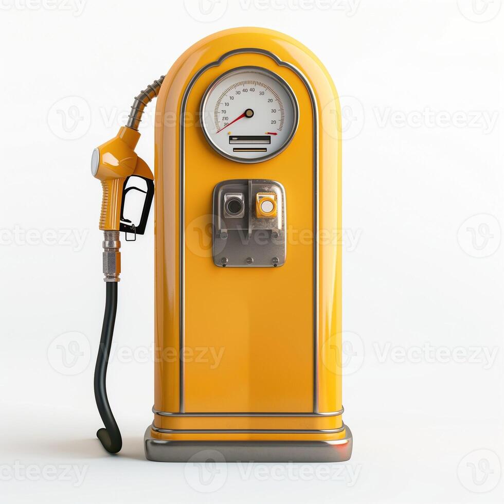 A vintage yellow gas pump stands elegantly against a white background, evoking nostalgia and retro charm. photo