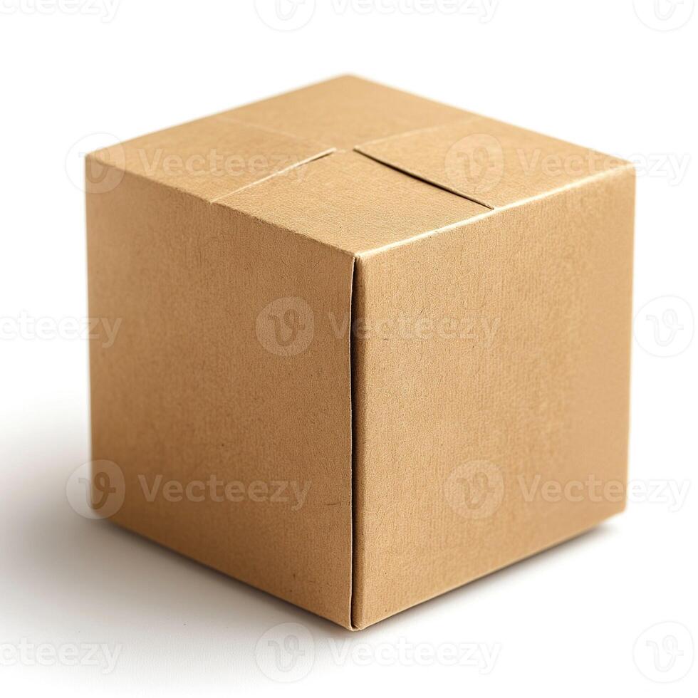 A simple brown cardboard box viewed on a white background, ideal for packaging and shipping purposes. photo