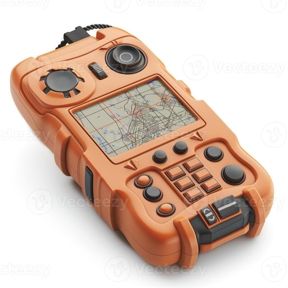 An orange handheld GPS device with a detailed map screen, perfect for outdoor navigation and adventures. photo