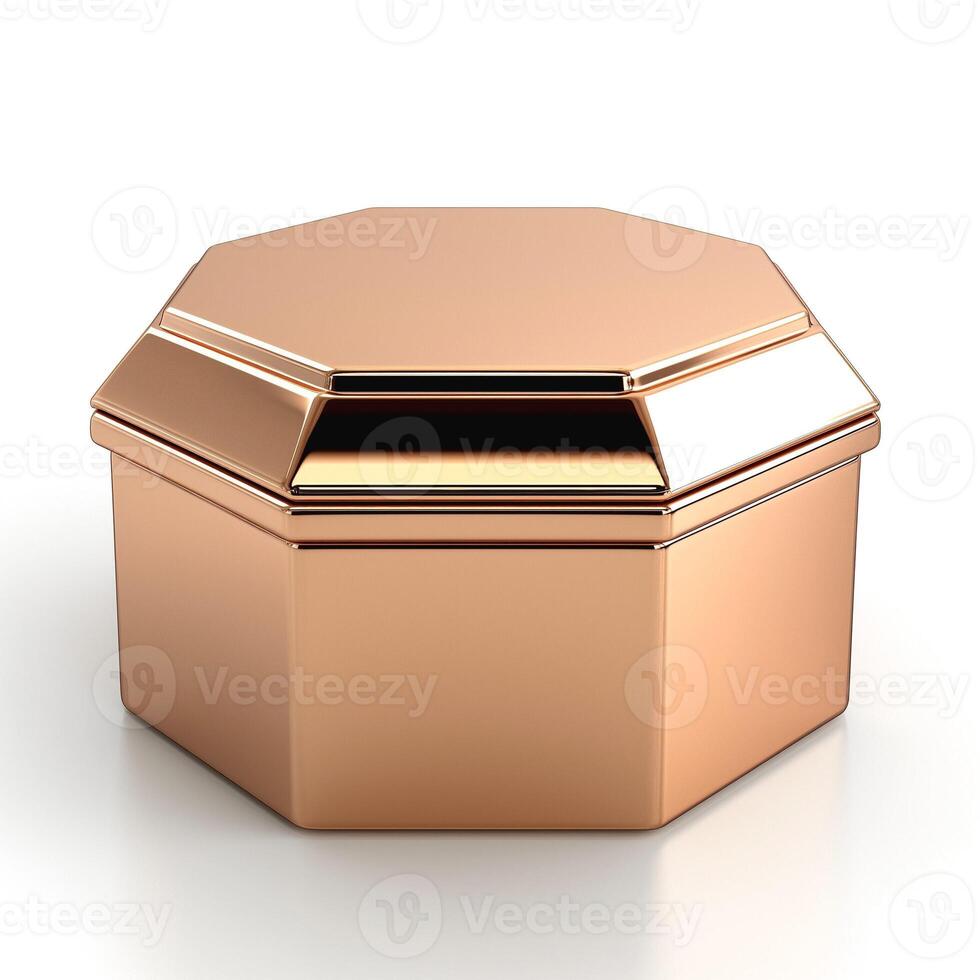A sleek, shiny hexagonal copper box with a polished finish, perfect for storage or as a decorative piece. photo