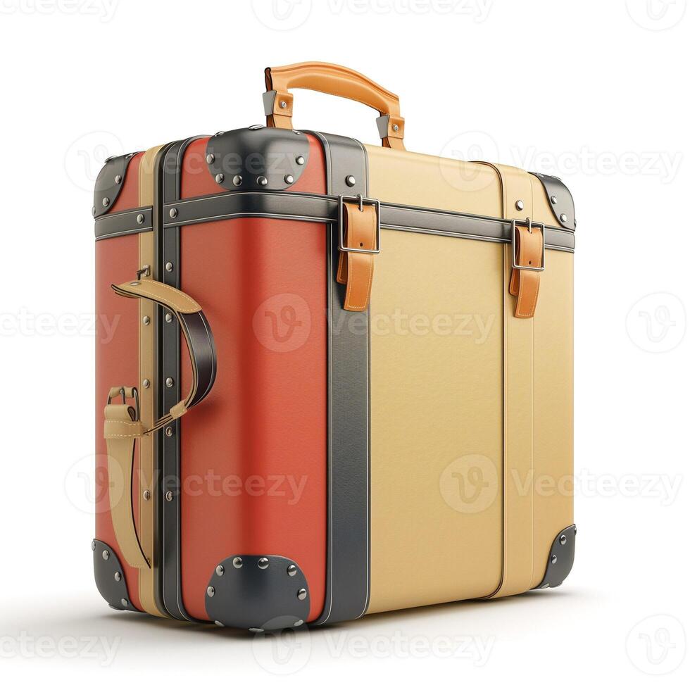 A stylish vintage suitcase featuring a combination of red, beige, and black colors, perfect for travel enthusiasts. photo