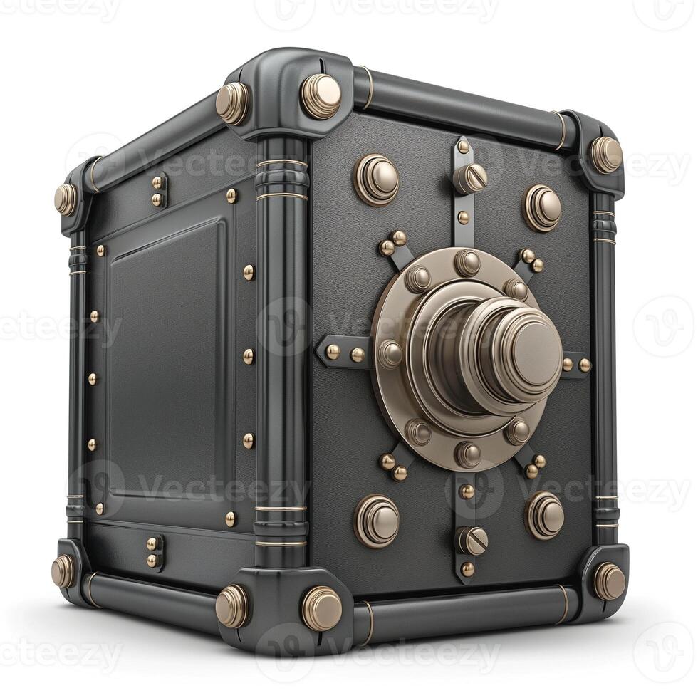 A sturdy, vintage-style safe featuring an intricate lock and metallic accents, showcasing a classic design for secure storage. photo