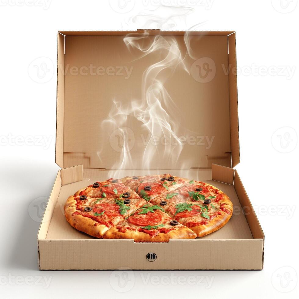 Delicious hot pizza with steam rising, served in an open pizza box, perfect for a quick meal. photo