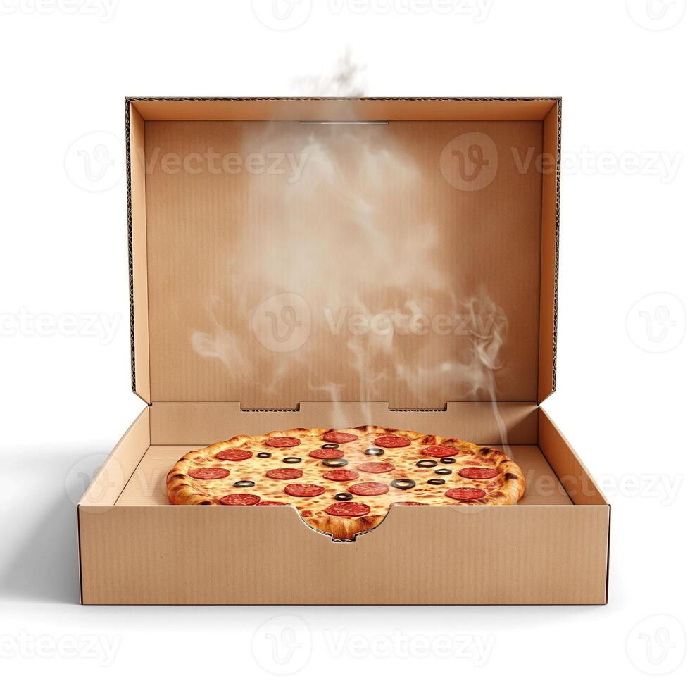 A freshly baked pepperoni pizza with olives, emerging steam from an open pizza box. photo