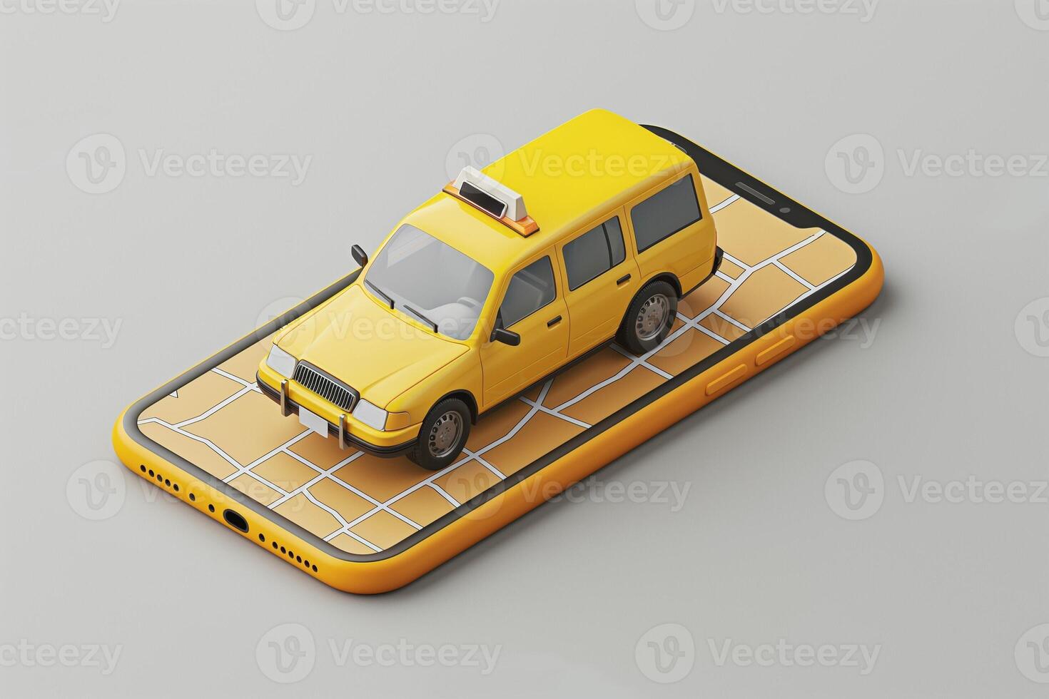 A vibrant yellow taxi cab model on a smartphone, symbolizing taxi booking and ride-sharing services. photo