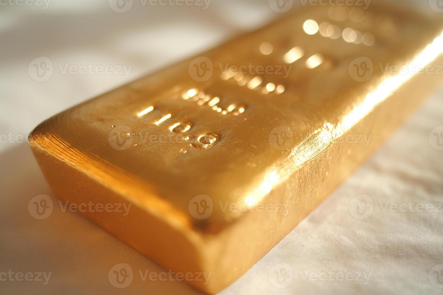 A close-up of a shiny gold bar resting on a soft white surface, exuding luxury and wealth. photo