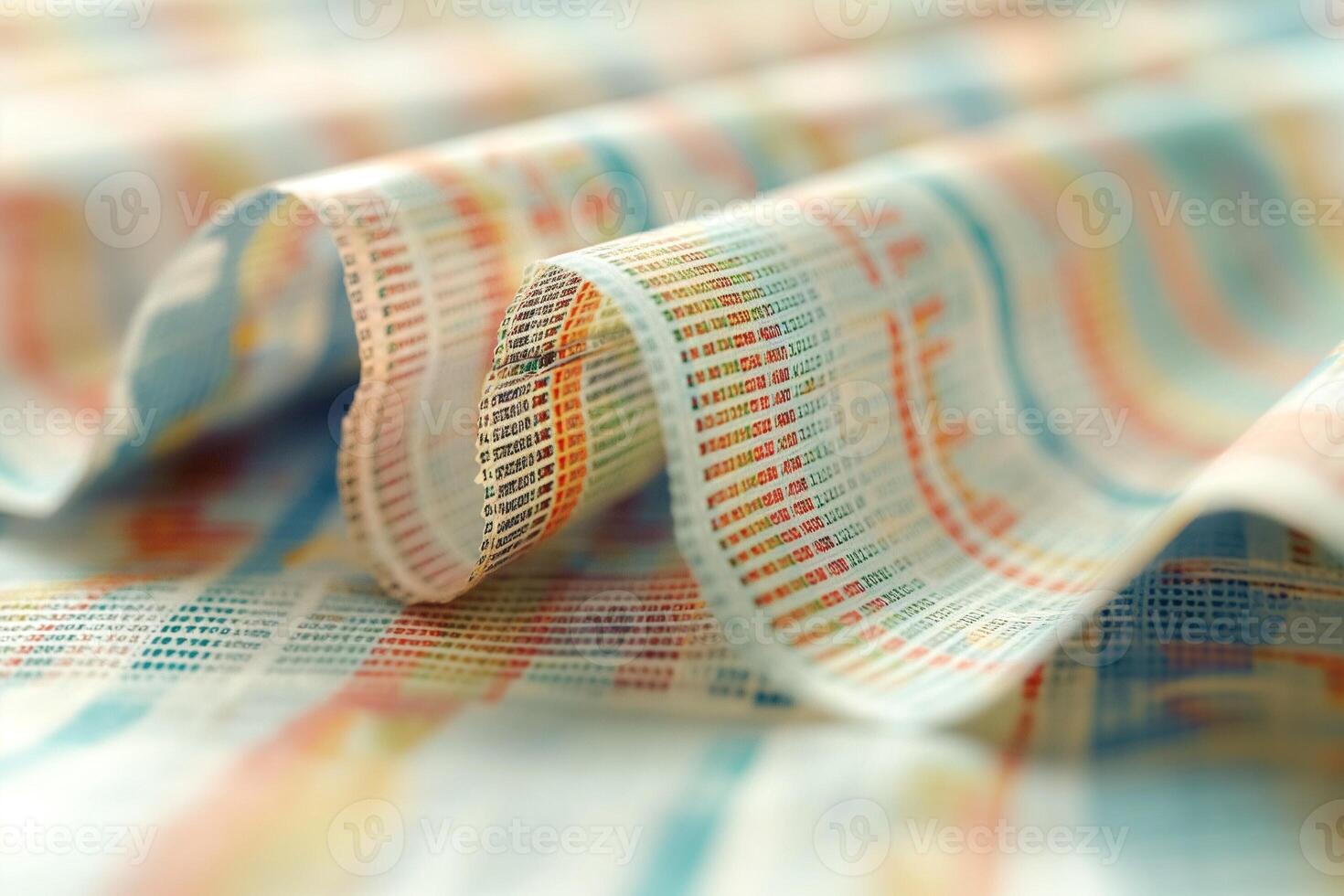 Close-up view of colorful fabric showcasing intricate patterns in blue, orange, and red hues. photo