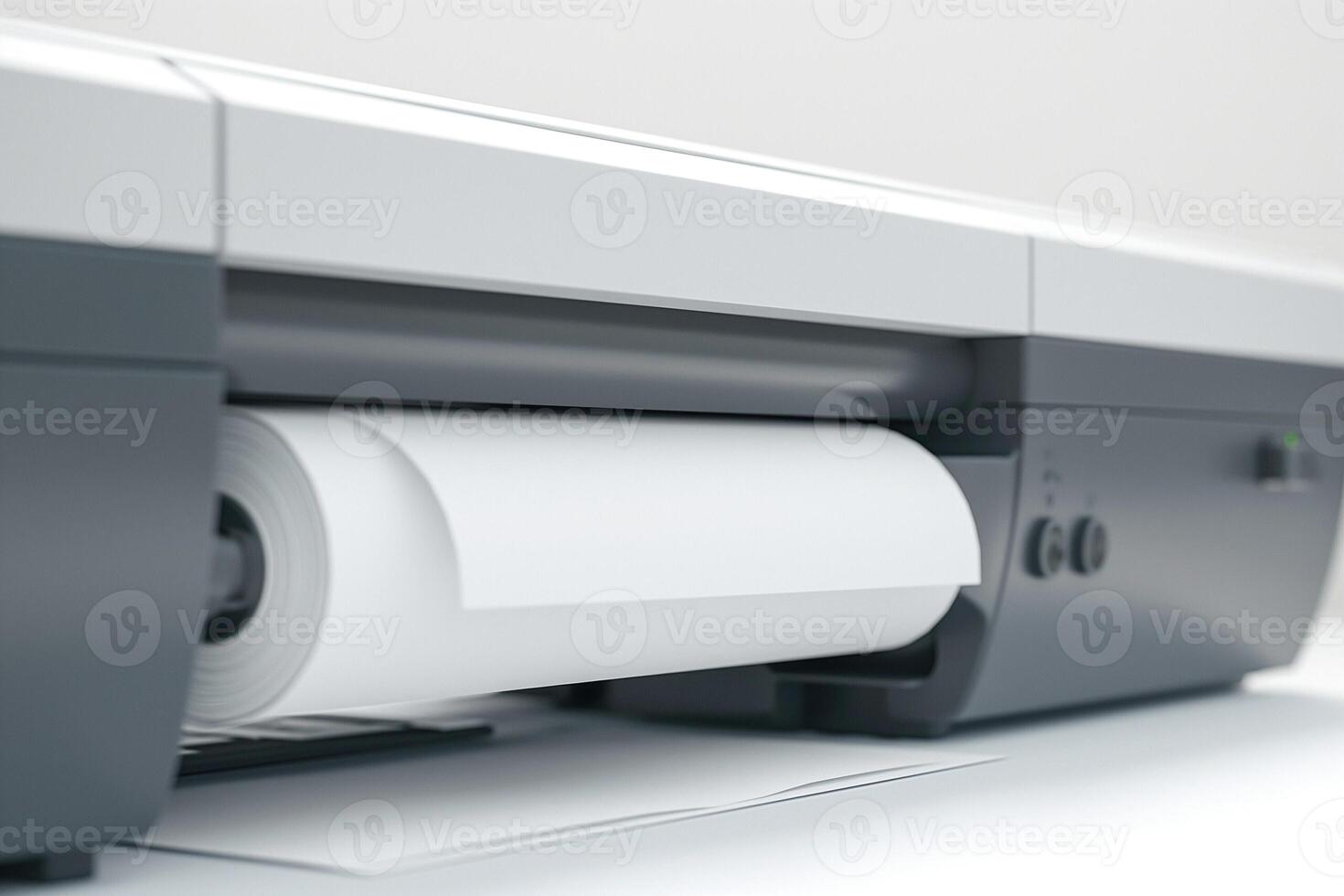 Close-up of a modern printer processing a sheet of white paper, showcasing technology and efficient design. photo