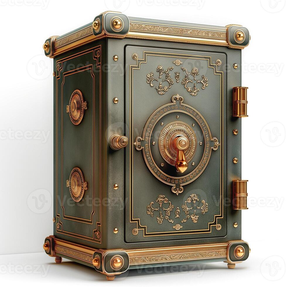 An ornate vintage safe with intricate brass details, conveying a sense of security and elegance. photo