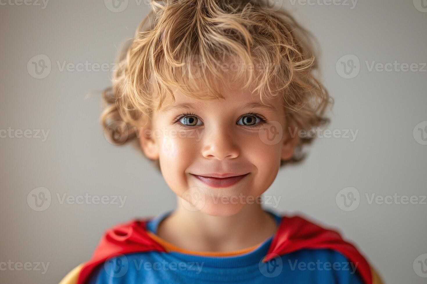 Adorable young Caucasian boy with curly hair smiling brightly in a superhero costume. photo