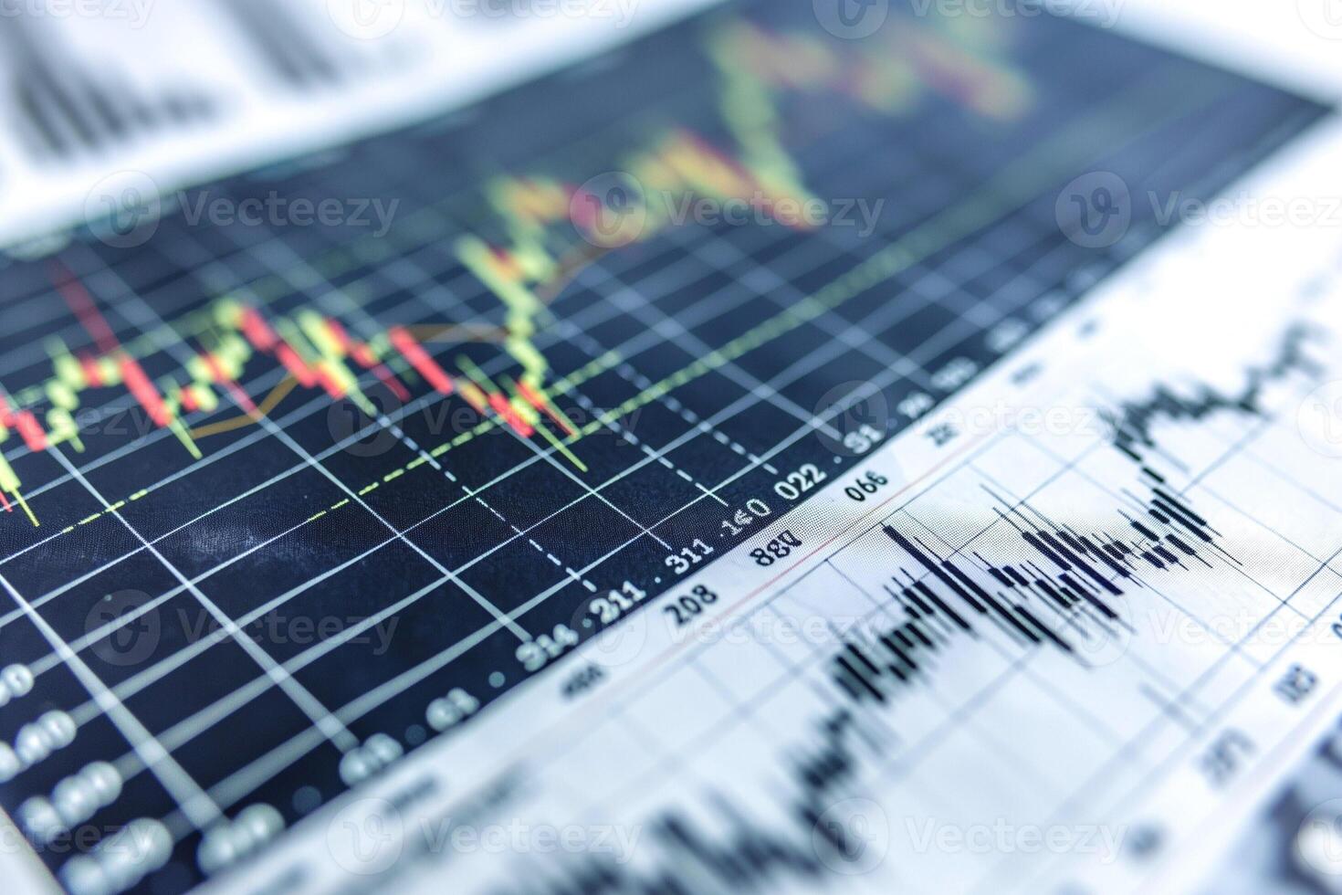 Close-up of stock market graphs showcasing trading data, reflecting fluctuations in the market. photo