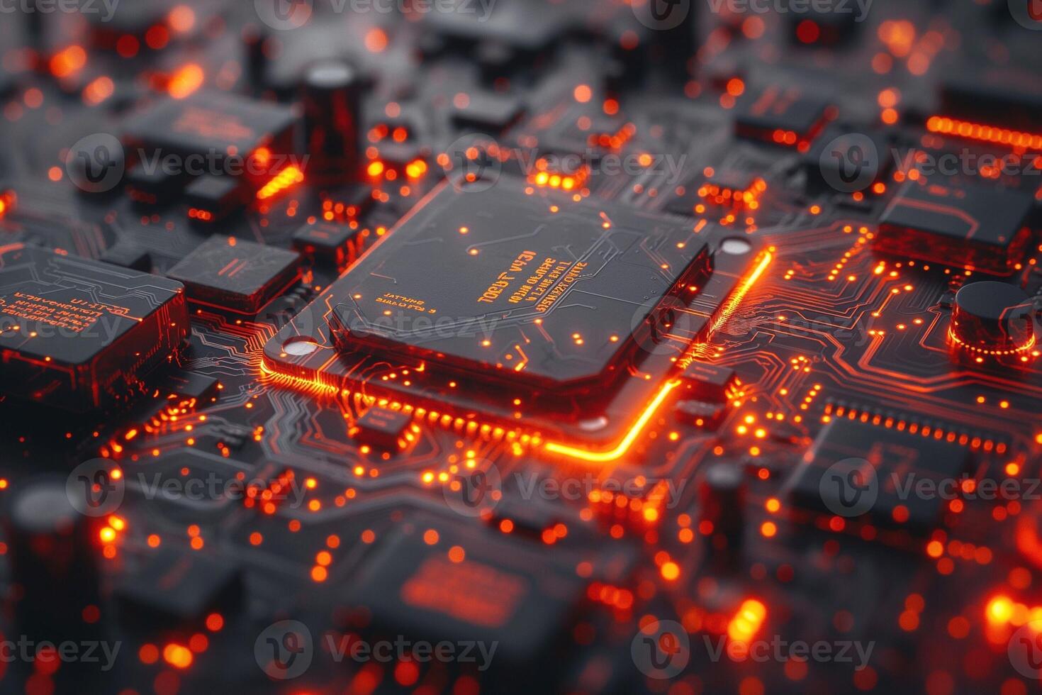 Close-up of a futuristic circuit board with glowing orange elements, creating a vibrant tech atmosphere. photo