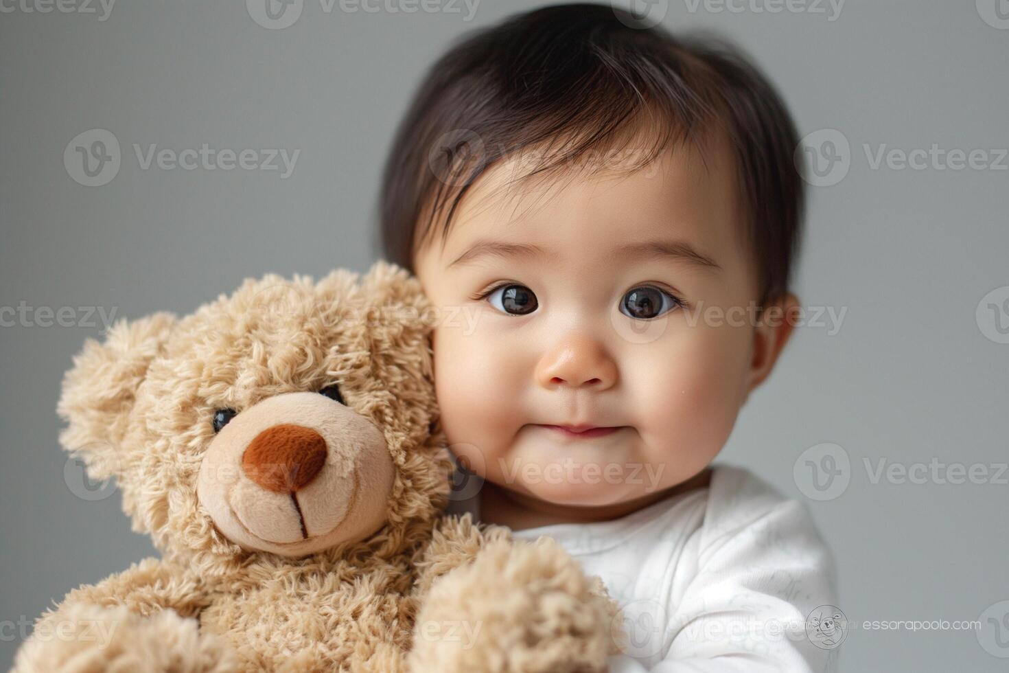 Adorable Asian baby with big expressive eyes cuddling a soft teddy bear. photo