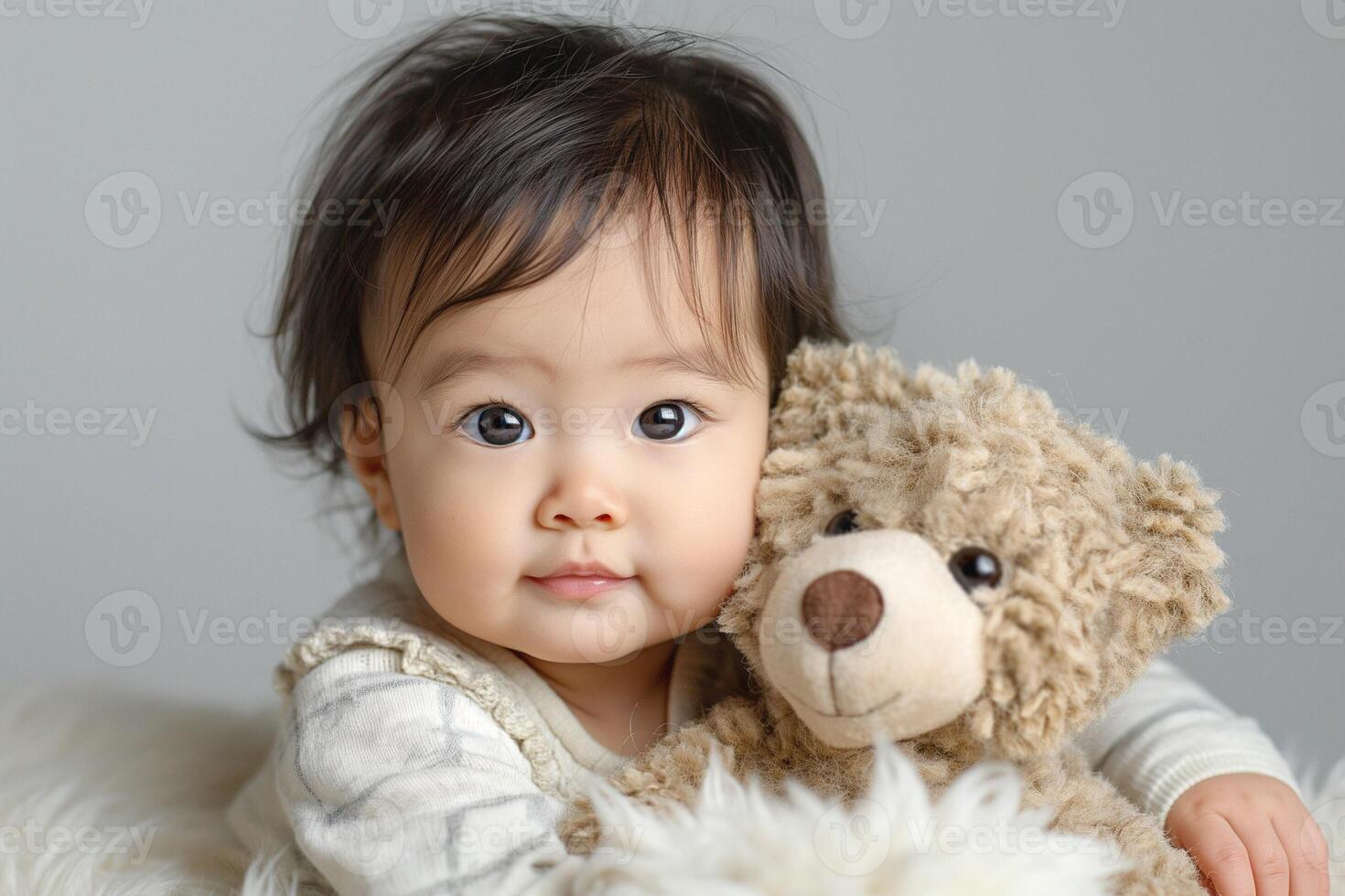 Adorable Asian baby girl cuddling a teddy bear, showcasing innocence and warmth. photo