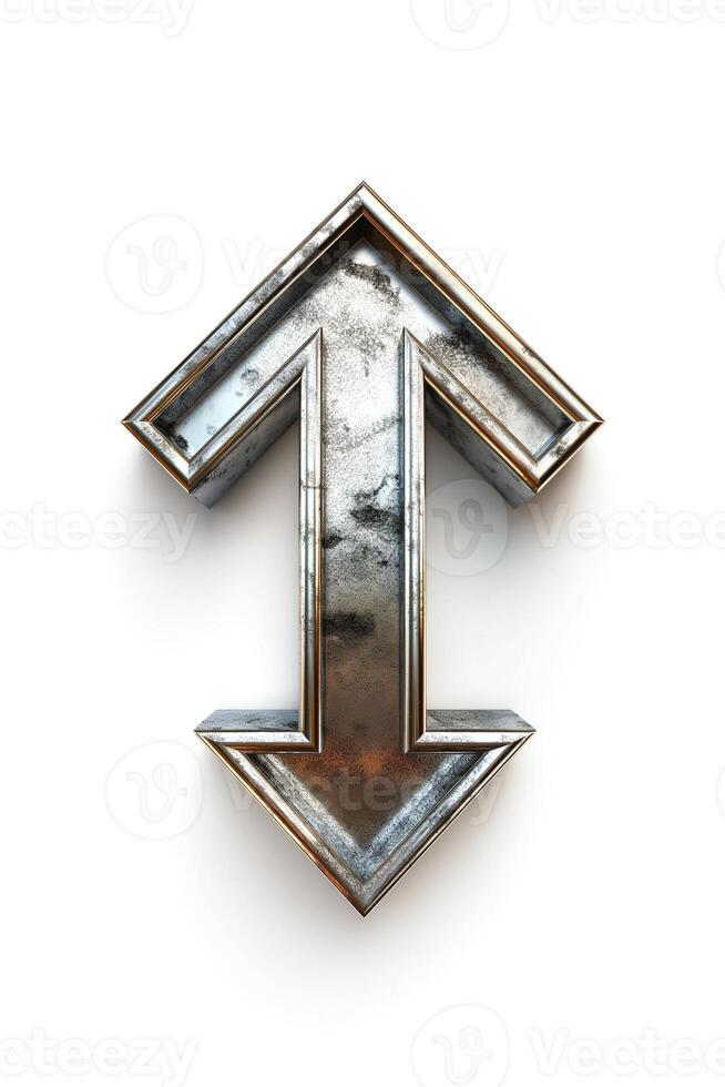 A metallic double-headed arrow symbol depicting movement and directionality, set against a clean white background. photo